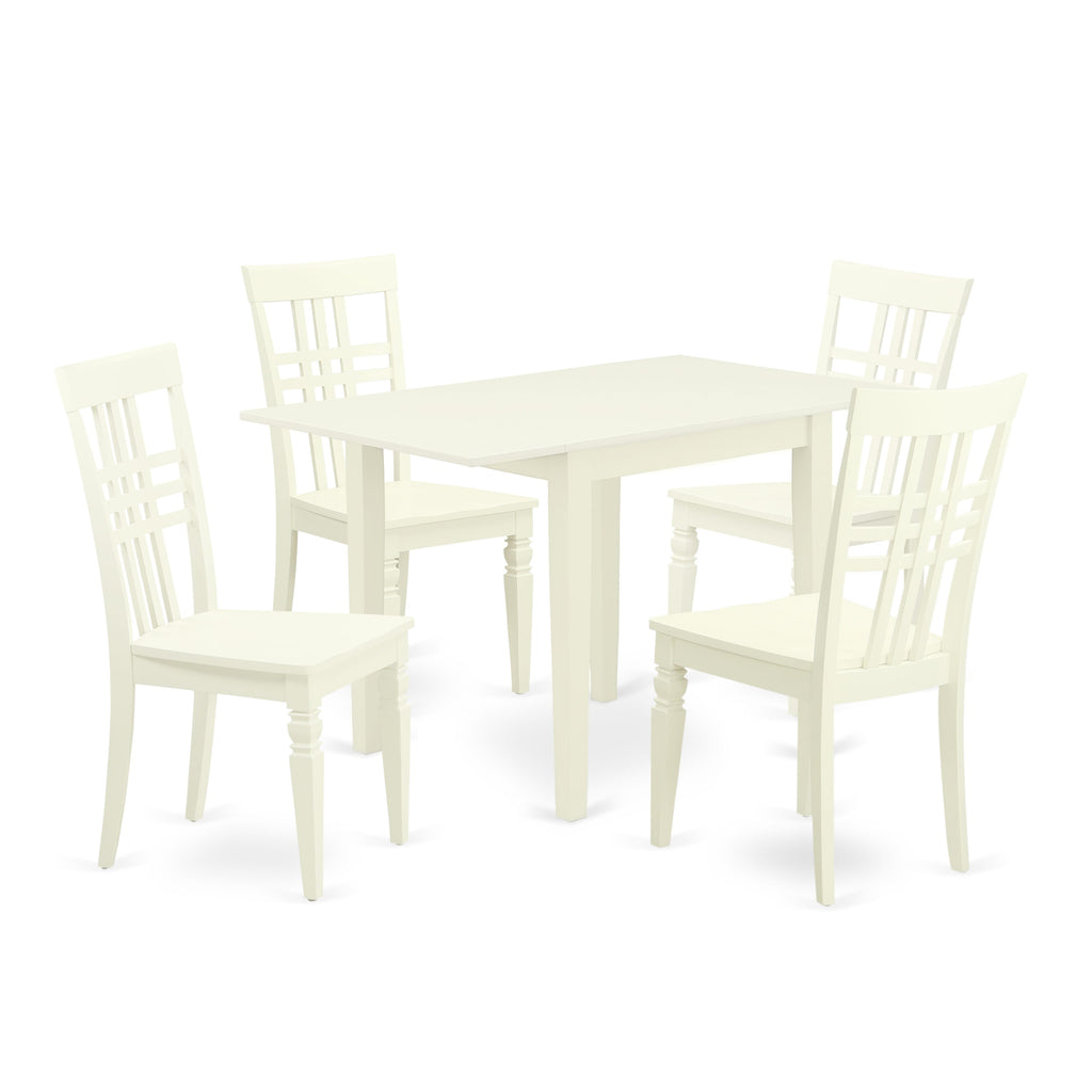 NDLG5-LY6-R Dining Set 5 Pieces with Leaf Table and 4 Stylish Chairs, 30x48, Linen White Finish