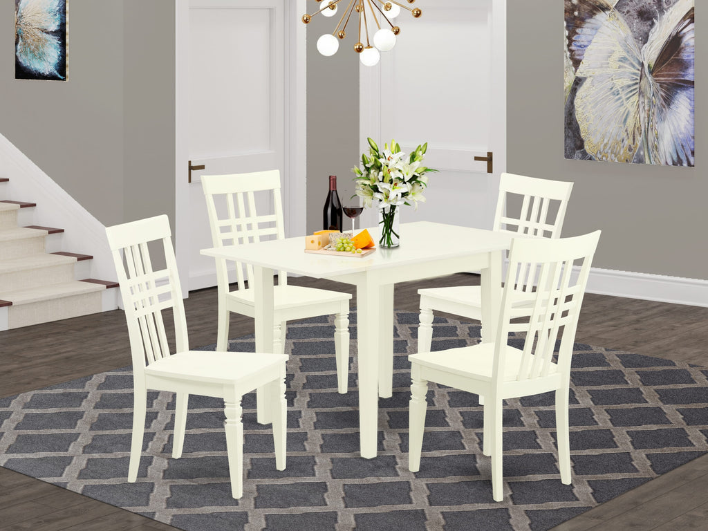 NDLG5-LY6-R Dining Set 5 Pieces with Leaf Table and 4 Stylish Chairs, 30x48, Linen White Finish