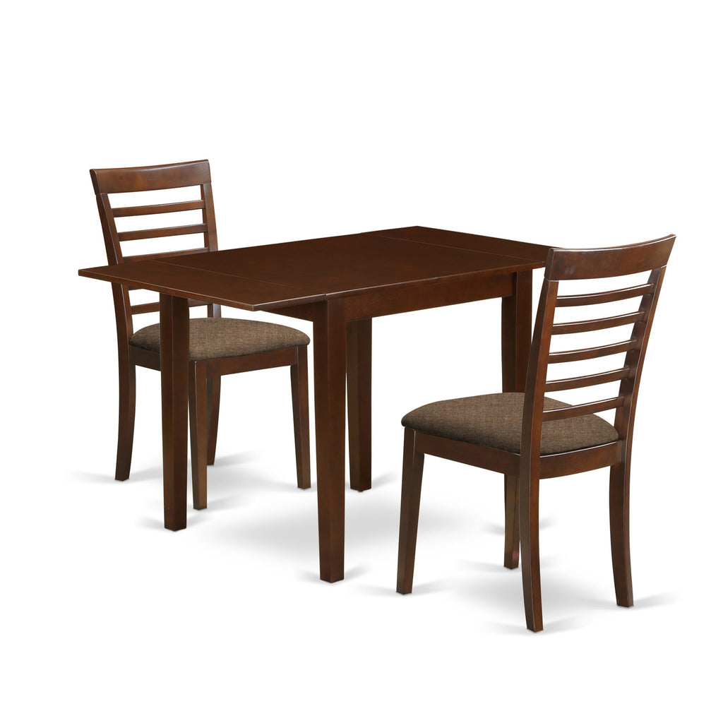 NDML3-E4C-N Mahogany Three-Piece Dining Set - Dropleaf Table with Two Upholstered Chairs in Linen