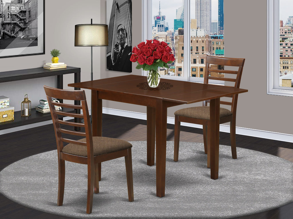 NDML3-E4C-N Mahogany Three-Piece Dining Set - Dropleaf Table with Two Upholstered Chairs in Linen