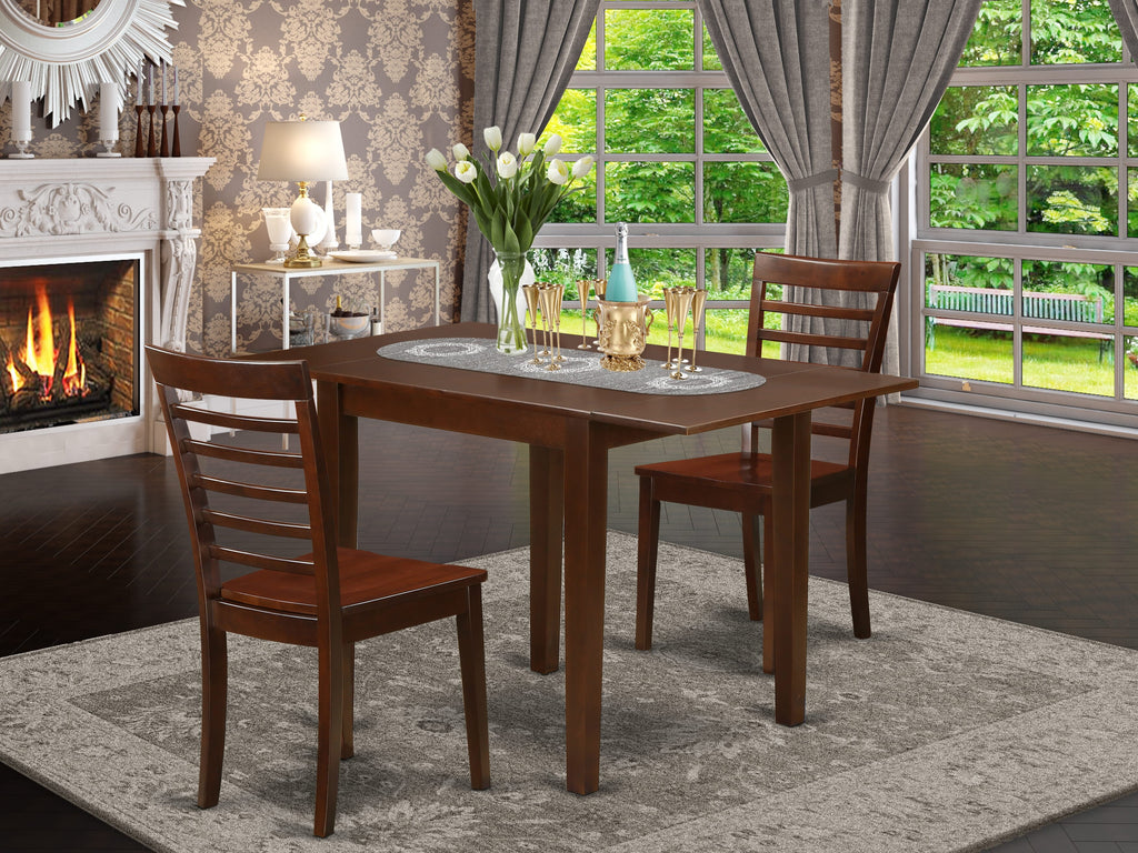 NDML3-63M-C 3 Piece Compact Dining Set Mahogany Dropleaf Table with 2 Chairs, 30x48 for Cozy Spaces