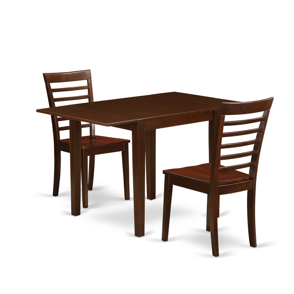 NDML3-63M-C 3 Piece Compact Dining Set Mahogany Dropleaf Table with 2 Chairs, 30x48 for Cozy Spaces