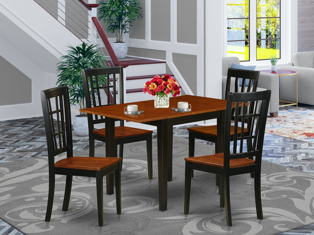 NDNI5-GV4-1 5-Piece Rectangle Dining Set for Four with Drop Leaf Table and Chairs, 30x48, in Black & Cherry