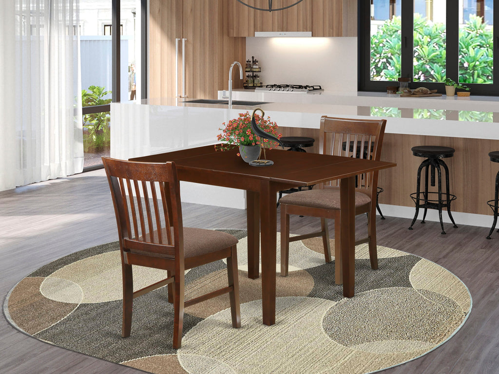 NDNO3-TSO-1 3-Piece Set for Compact Spaces - Rectangle Table with Dropleaf and 2 Cushioned Chairs, 30x48 Mahogany Elegance