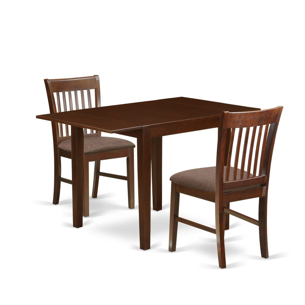 NDNO3-TSO-1 3-Piece Set for Compact Spaces - Rectangle Table with Dropleaf and 2 Cushioned Chairs, 30x48 Mahogany Elegance