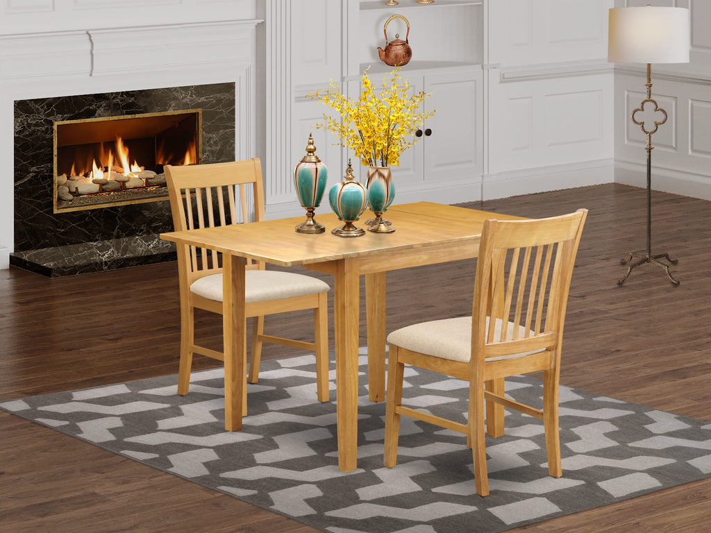 NDNO3-XWG-Q Oak Dining Set 3-Piece Table (30x48) with Dropleaf & 2 Upholstered Linen Chairs