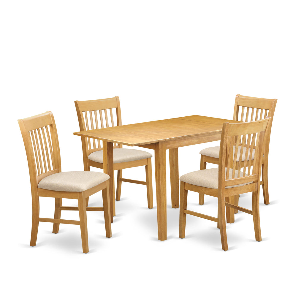 NDNO5-S89-O Elegant Oak 5 Piece Dining Set with Dropleaf Table and Linen Chairs