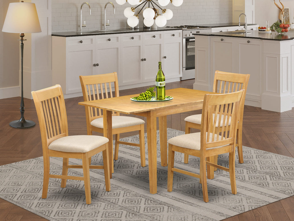 NDNO5-S89-O Elegant Oak 5 Piece Dining Set with Dropleaf Table and Linen Chairs