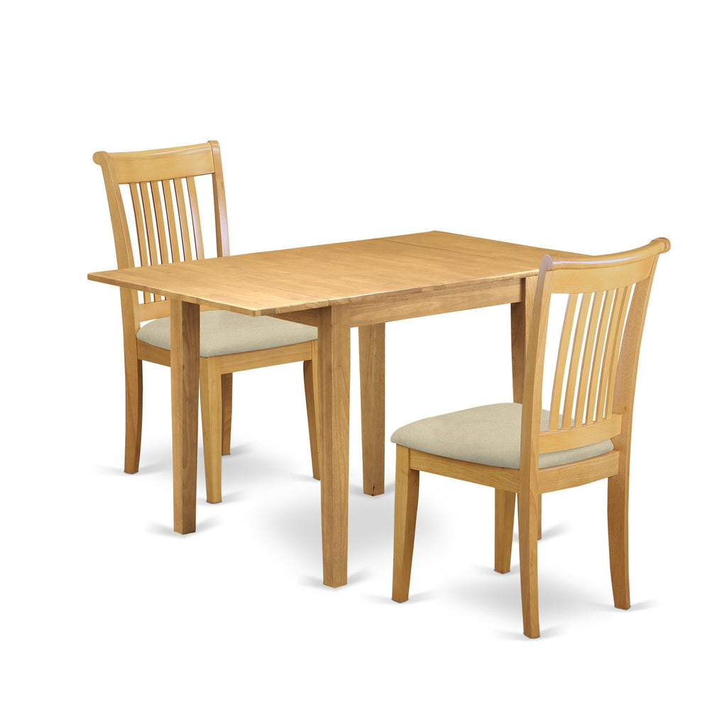 NDPO3-RQ7-8 3-Piece Dining Set with Rectangular Drop Leaf Table and Two Linen Seats, 30x48 Oak Finish