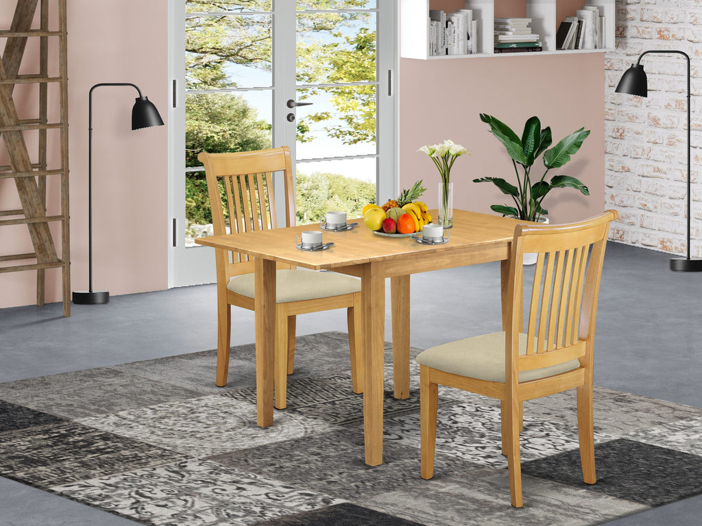 NDPO3-RQ7-8 3-Piece Dining Set with Rectangular Drop Leaf Table and Two Linen Seats, 30x48 Oak Finish
