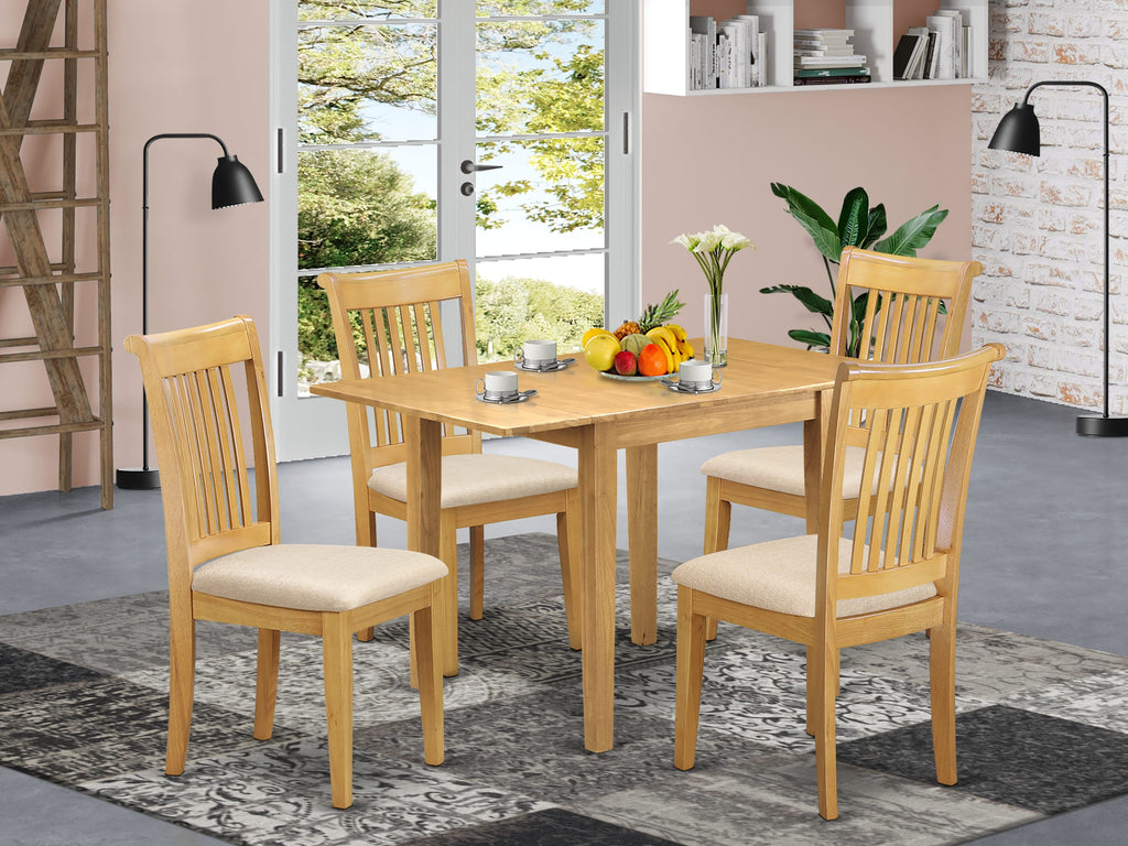 NDPO5-7TU-H 5-Piece Dining Set with Drop Leaf Rectangular Table and 4 Linen Cushioned Chairs, 30x48 Oak Look