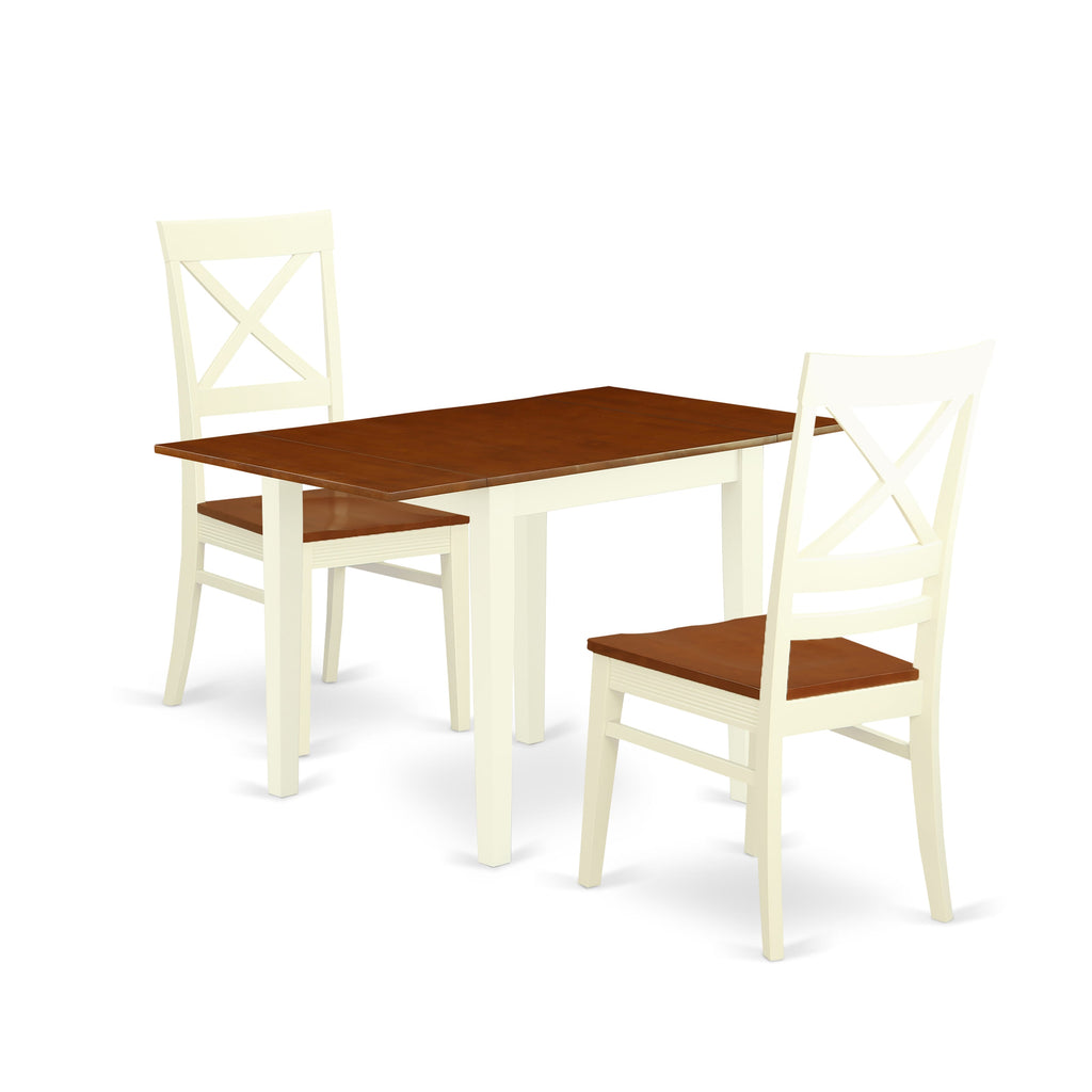 NDQU3-J0H-I 3-Piece Compact Dining Ensemble with Dropleaf Table and Two Seats, Buttermilk & Cherry Finish