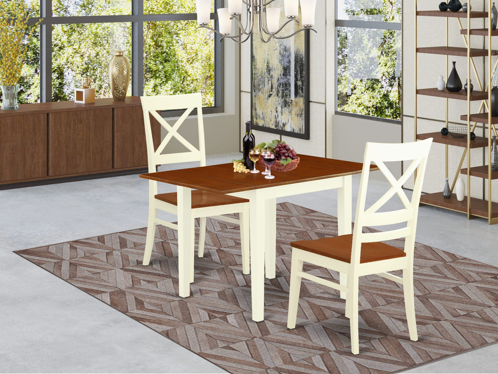 NDQU3-J0H-I 3-Piece Compact Dining Ensemble with Dropleaf Table and Two Seats, Buttermilk & Cherry Finish