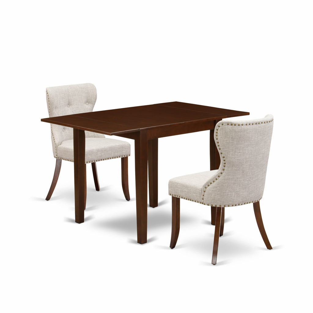 NDSI3-TG3-VR 3-Piece Dining Ensemble with Drop Leaf Table and Doeskin Linen Chairs, 30x48 in. Mahogany Finish