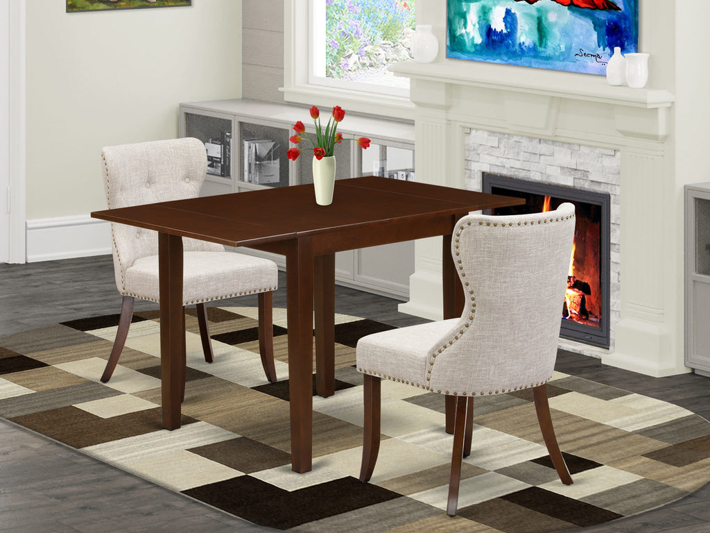 NDSI3-TG3-VR 3-Piece Dining Ensemble with Drop Leaf Table and Doeskin Linen Chairs, 30x48 in. Mahogany Finish