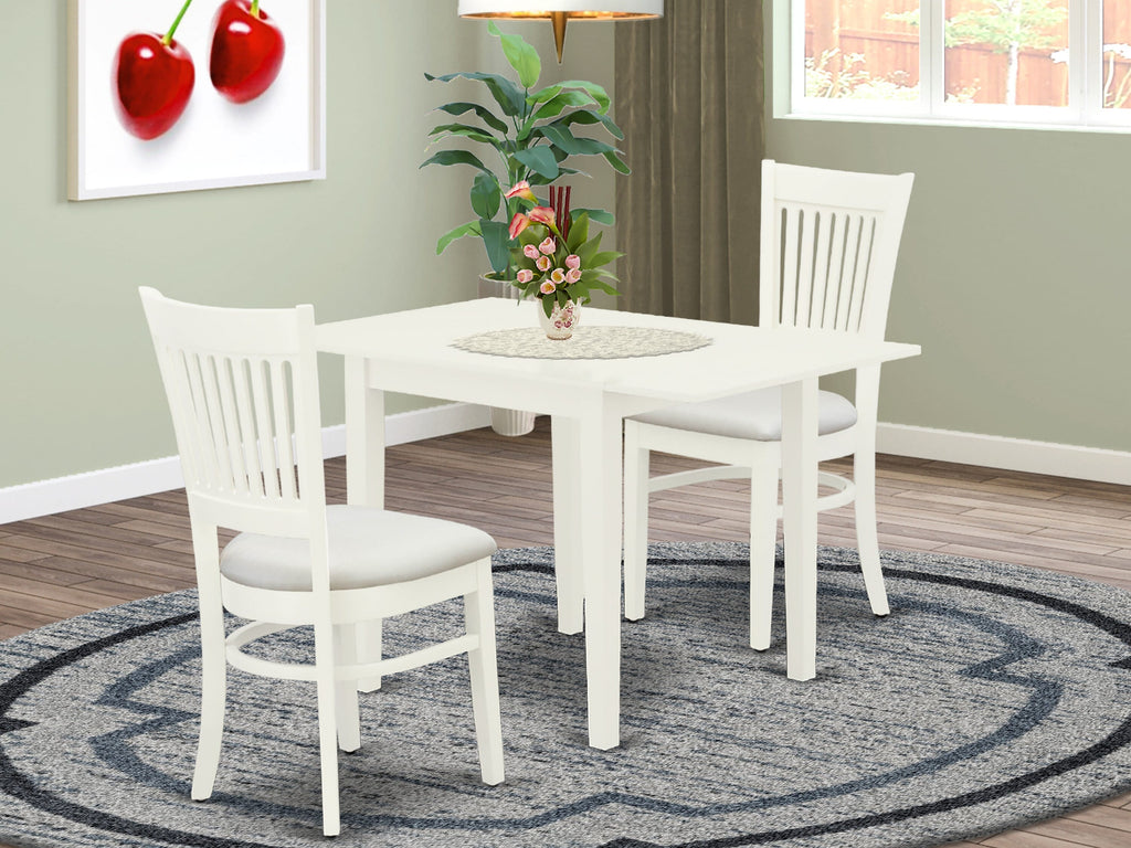 NDVA3-9DL-2 3 Piece Dining Ensemble Rectangle Table with Dropleaf & 2 Upholstered Chairs, Linen White