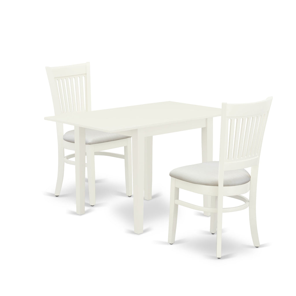 NDVA3-9DL-2 3 Piece Dining Ensemble Rectangle Table with Dropleaf & 2 Upholstered Chairs, Linen White