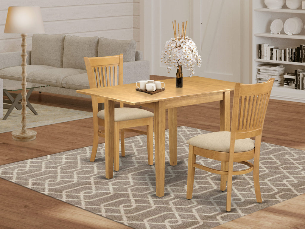 NDVA3-G5T-8 3pc Dining Set with Rectangular Drop-leaf Table and Upholstered Seats, Oak Finish