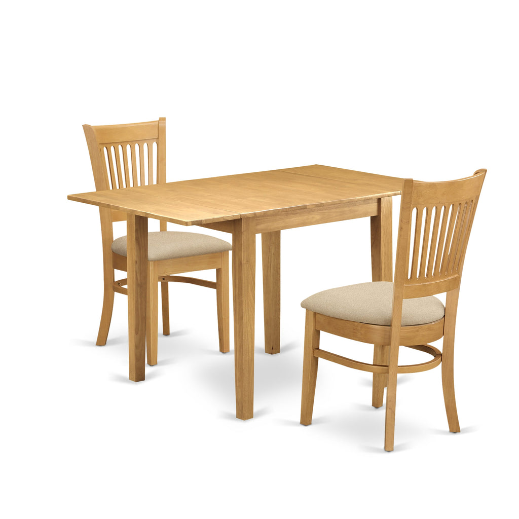 NDVA3-G5T-8 3pc Dining Set with Rectangular Drop-leaf Table and Upholstered Seats, Oak Finish