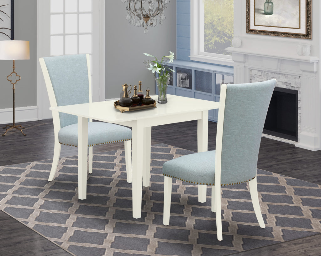 NDVE3-GV0-7G 3-Piece Dining Set Versatile Rectangular Table w/ Dropleaf & 2 Ocean Blue Fabric Chairs, 30x48, Pure White