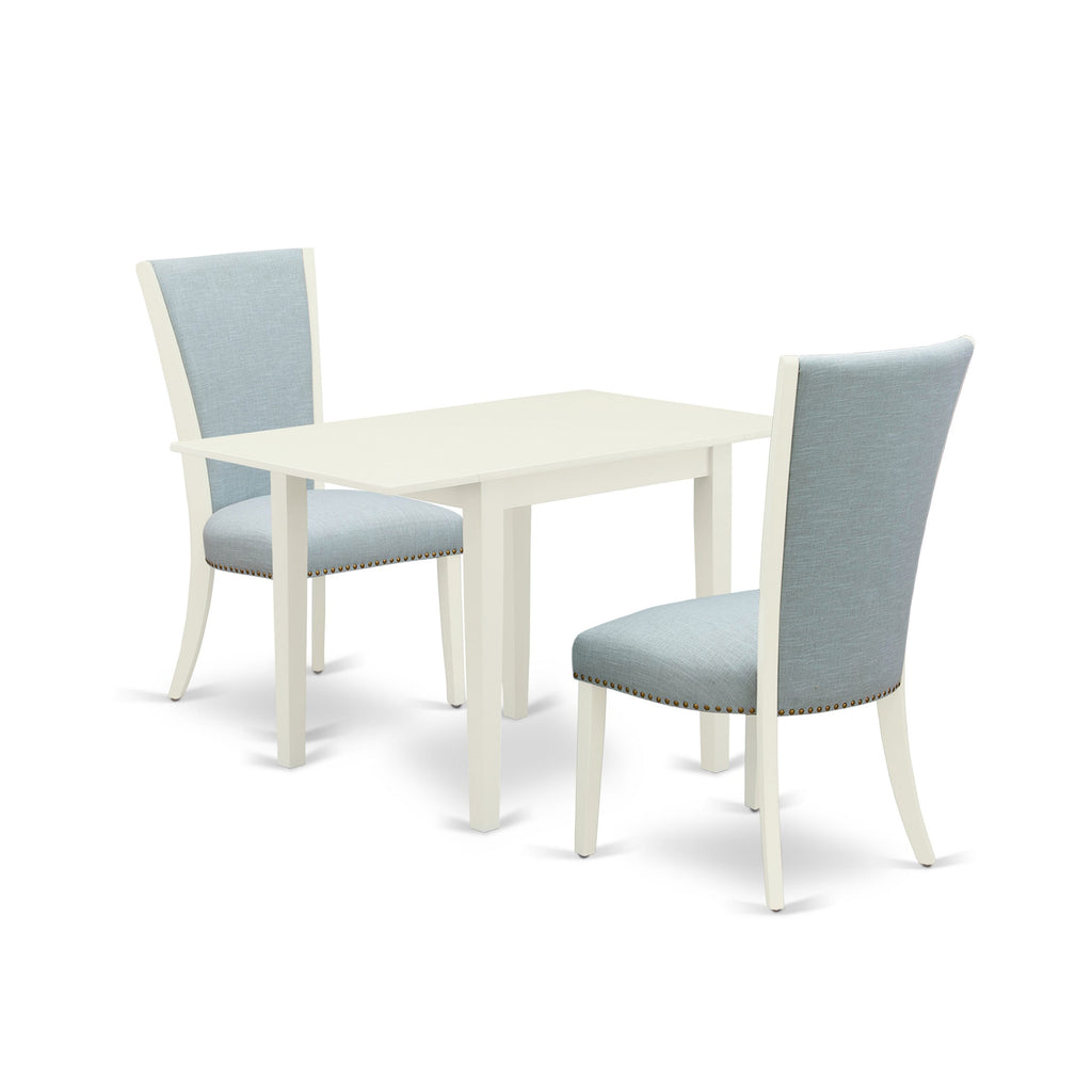 NDVE3-GV0-7G 3-Piece Dining Set Versatile Rectangular Table w/ Dropleaf & 2 Ocean Blue Fabric Chairs, 30x48, Pure White