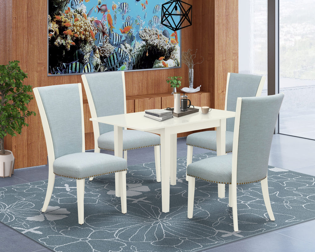 NDVE5-QDL-TT 5 Piece Set Table with Dropleaf & Linen Blue Parson Chairs, 30x48 White