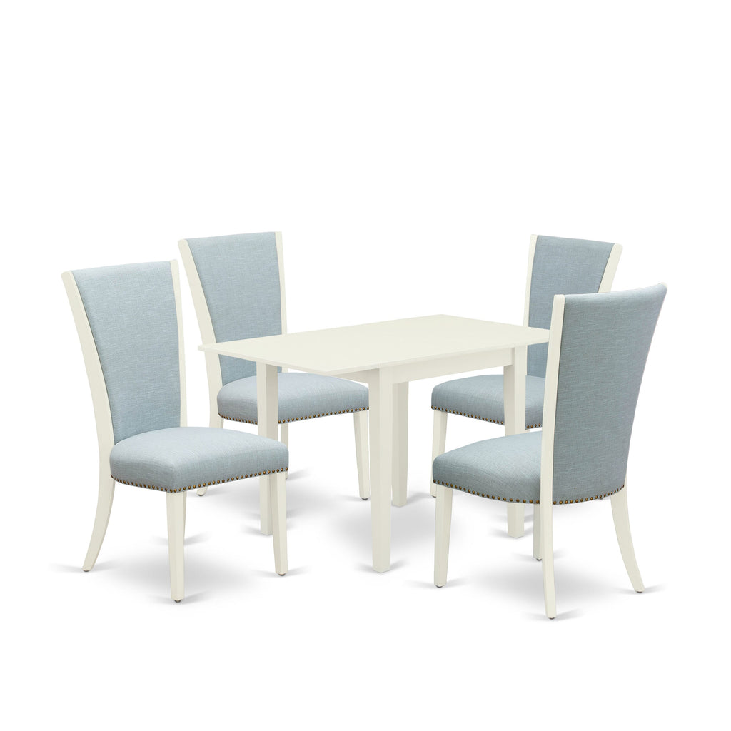 NDVE5-QDL-TT 5 Piece Set Table with Dropleaf & Linen Blue Parson Chairs, 30x48 White