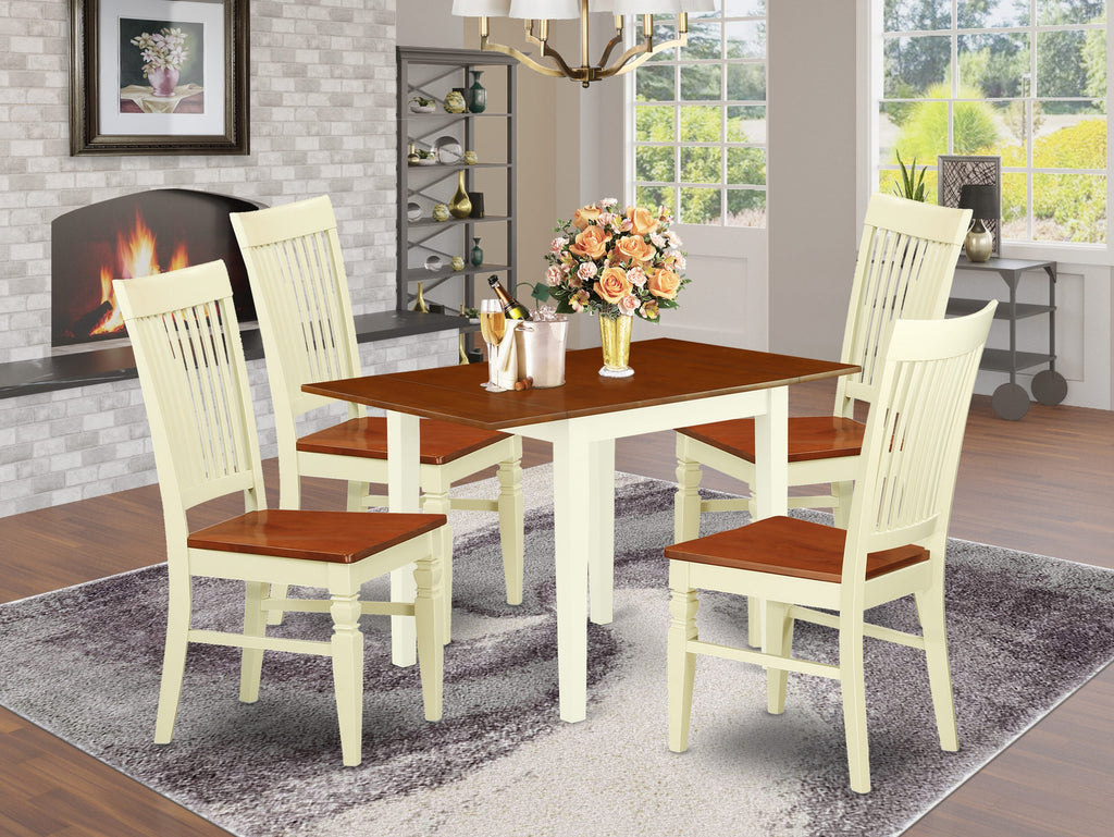 NDWE5-XOQ-U 5-Piece Dining Ensemble Drop-Leaf Table & 4 Chairs, Buttermilk & Cherry Hues, 30x48
