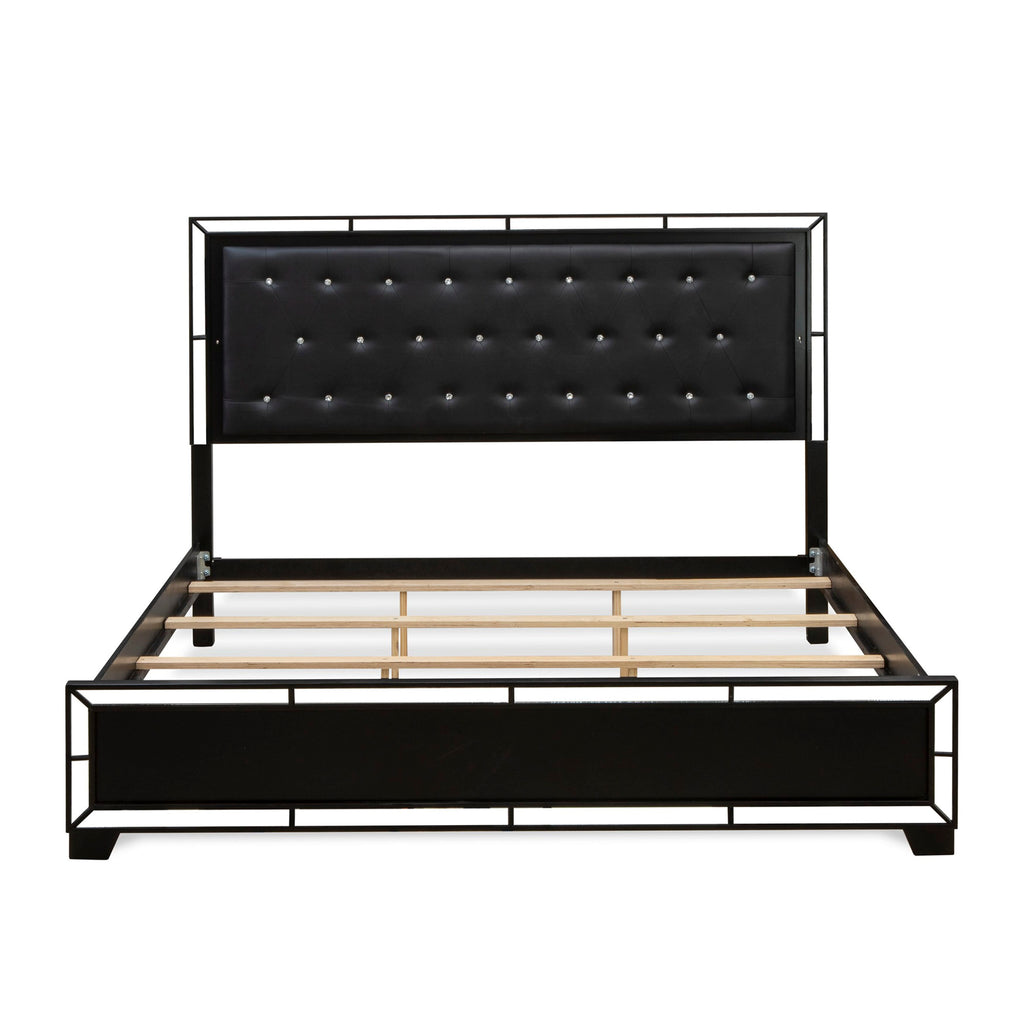 NE11-MS6QPU 3-Piece Bedroom Furniture Set with Button Tufted Frame, Drawer Chest, Black Leather King, and Modern End Table