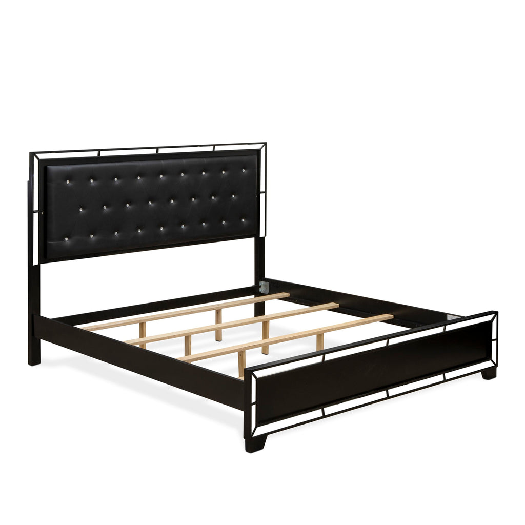 NE11-MS6QPU 3-Piece Bedroom Furniture Set with Button Tufted Frame, Drawer Chest, Black Leather King, and Modern End Table