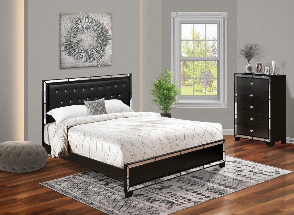 NE11-VJMZJ2 2-Piece Bedroom Ensemble Featuring a Tufted King Bed Frame and Compact Dresser with Black Finish and Leather Headboard Accent