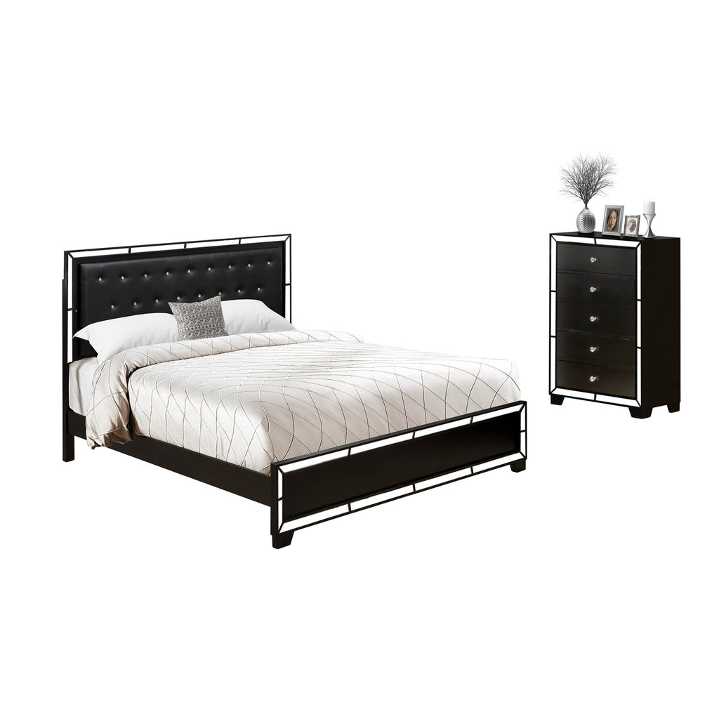 NE11-VJMZJ2 2-Piece Bedroom Ensemble Featuring a Tufted King Bed Frame and Compact Dresser with Black Finish and Leather Headboard Accent