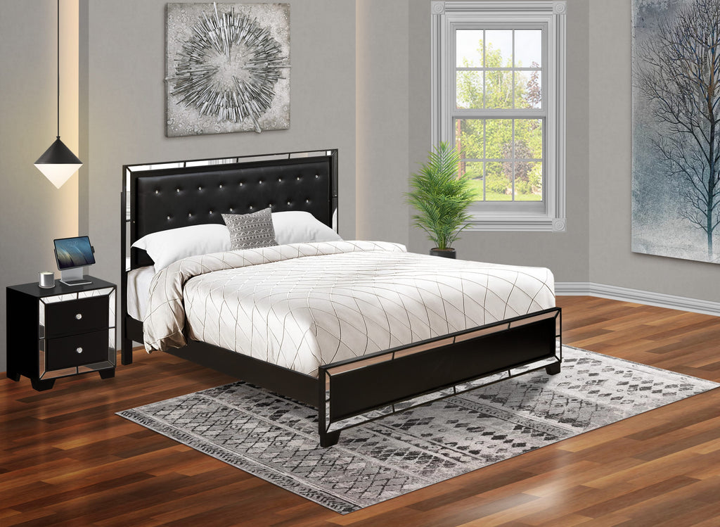 NE11-XR7MIP Elegant King Bedroom Suite Black Leather Headboard, Nightstand & Modern Noir Frame