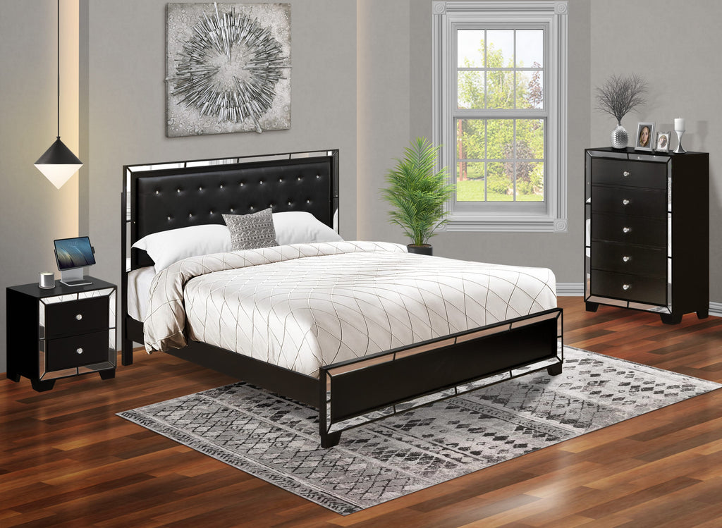 NE11-MS6QPU 3-Piece Bedroom Furniture Set with Button Tufted Frame, Drawer Chest, Black Leather King, and Modern End Table
