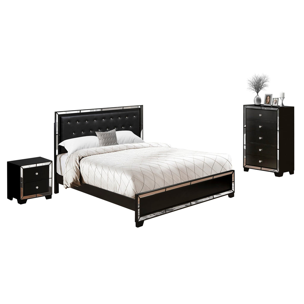 NE11-MS6QPU 3-Piece Bedroom Furniture Set with Button Tufted Frame, Drawer Chest, Black Leather King, and Modern End Table