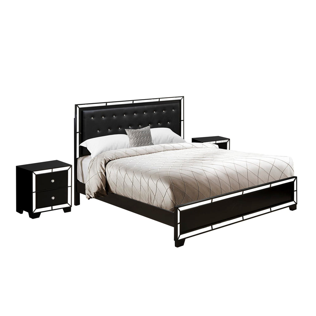 NE11-HGSK0K Luxurious 3-Piece Nella Set King Size Bed & Night Stands with Sleek Black Upholstery