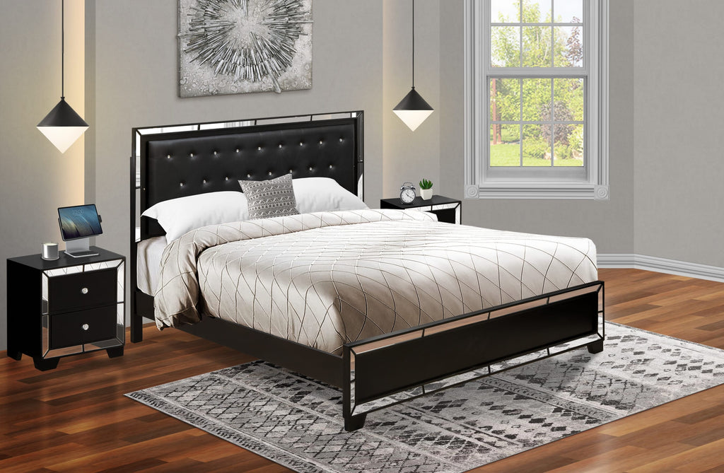 NE11-HGSK0K Luxurious 3-Piece Nella Set King Size Bed & Night Stands with Sleek Black Upholstery