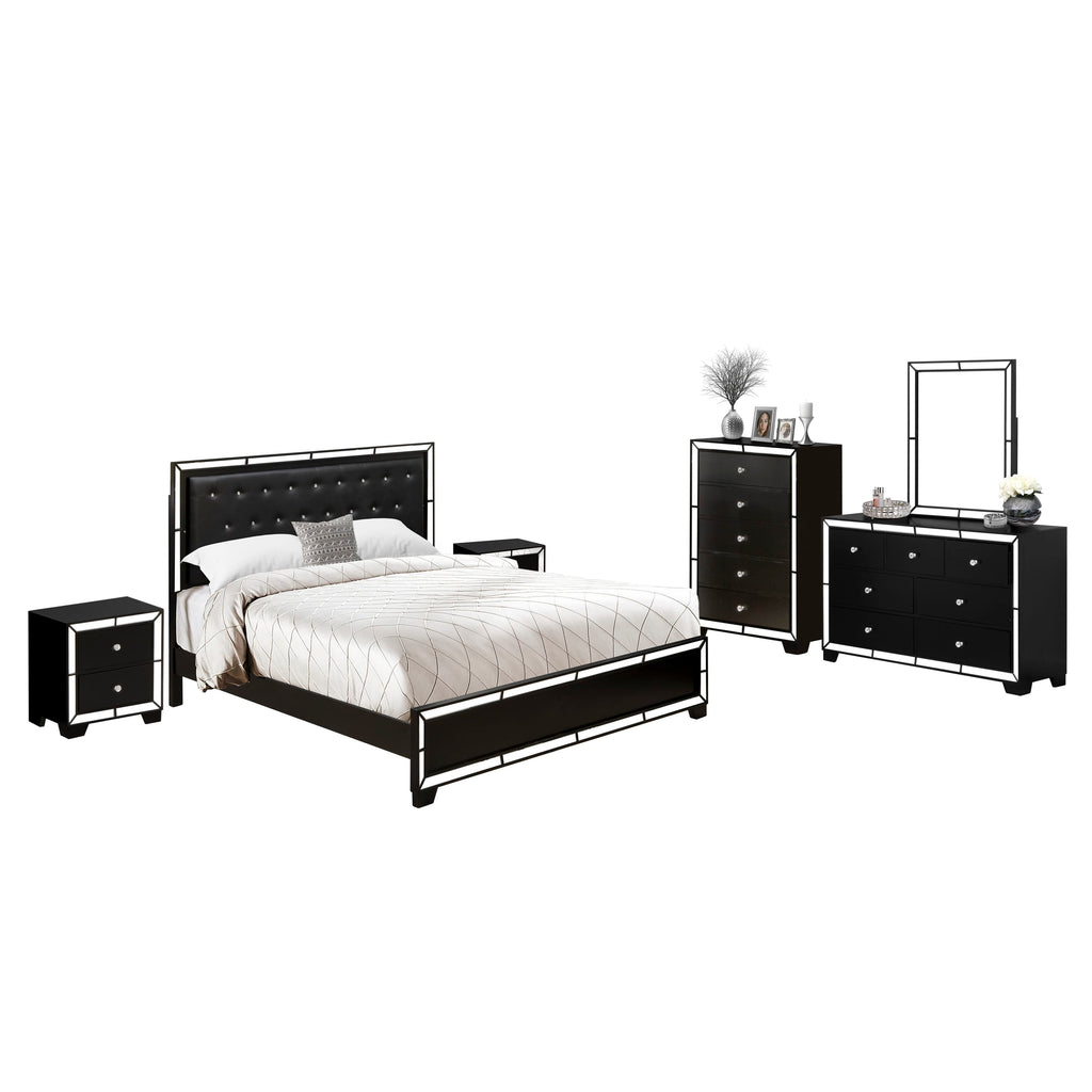 NE11-8I2J3H 6-Piece Modern Bedroom Ensemble Featuring King Bed with Button Tufting, Dresser, Mirror, Chest and 2 Nightstands with Black Leather Finish