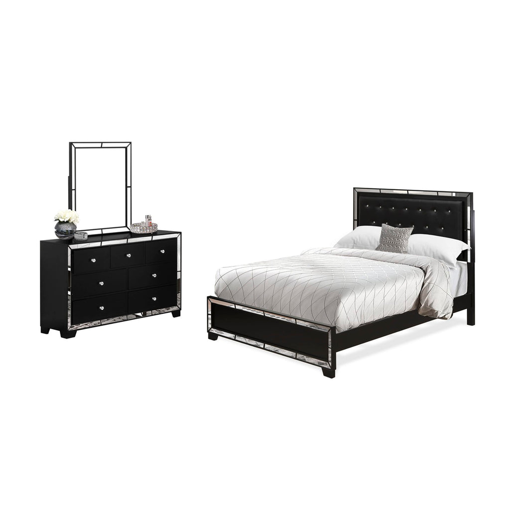 NE11-A9T3IE Luxurious Trio Tufted Queen Bed with Sleek Black Frame, Stylish Dresser & Elegant Mirror for Bedroom