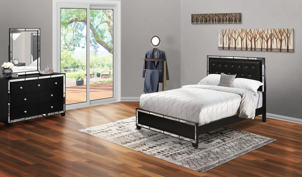NE11-A9T3IE Luxurious Trio Tufted Queen Bed with Sleek Black Frame, Stylish Dresser & Elegant Mirror for Bedroom