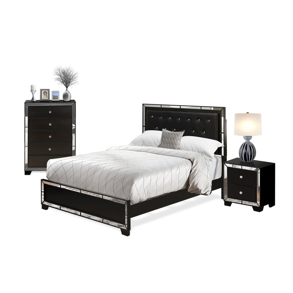 Stylish 3-Piece Bedroom Collection NE11-8YEZQ5 Button-Tufted Queen Bed, Chester Drawer, Nightstand