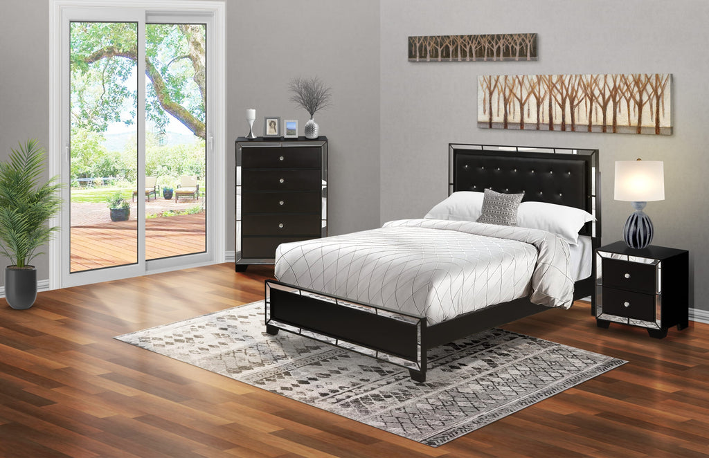 Stylish 3-Piece Bedroom Collection NE11-8YEZQ5 Button-Tufted Queen Bed, Chester Drawer, Nightstand