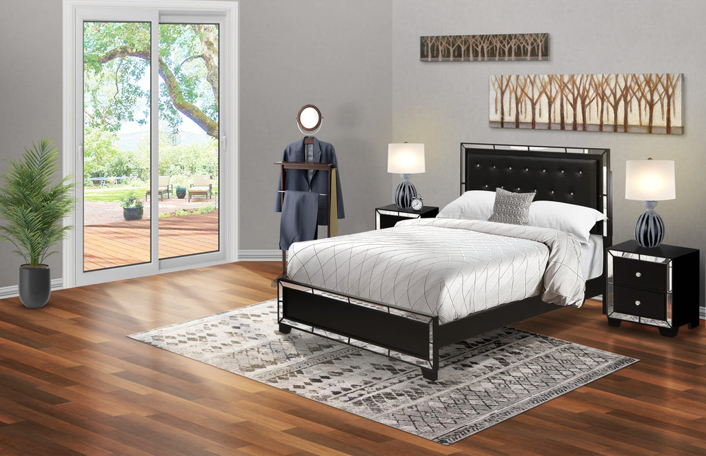 3-Piece Bedroom Ensemble NE11-TM741U Modern Elegance with Tufted Queen Bed and Retro-Inspired Nightstands, Black Finish