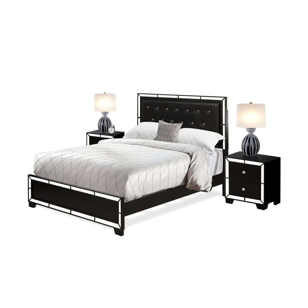 3-Piece Bedroom Ensemble NE11-TM741U Modern Elegance with Tufted Queen Bed and Retro-Inspired Nightstands, Black Finish