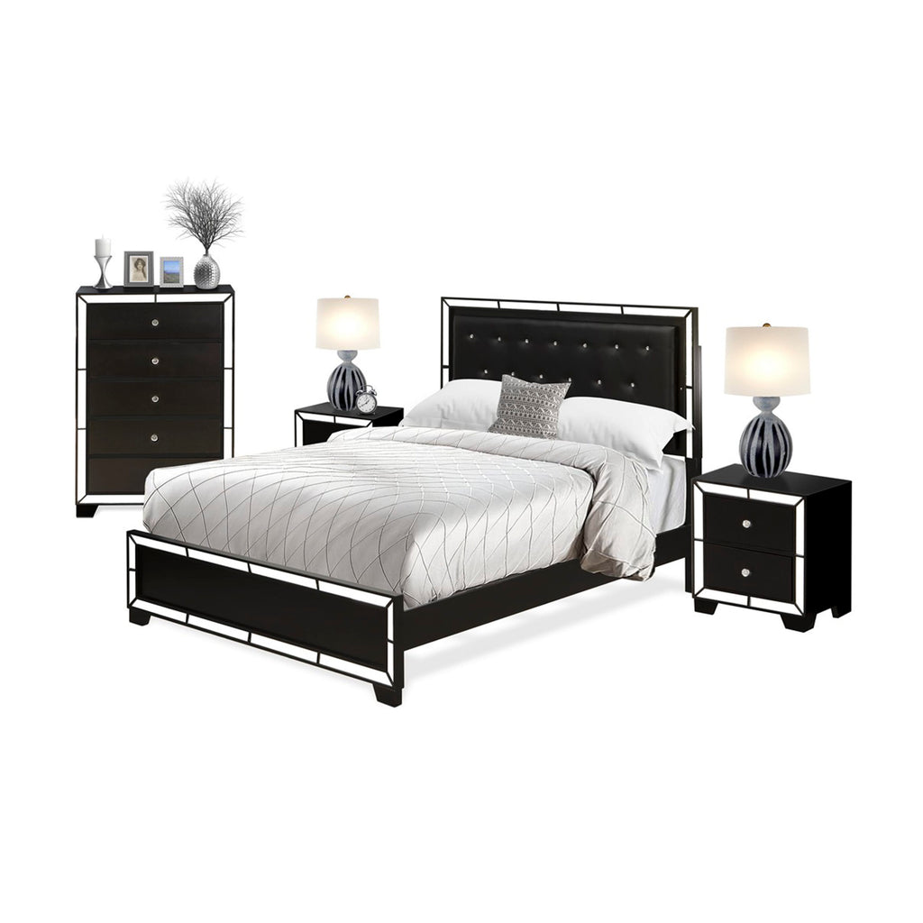 NE11-55A26X Elegant Bedroom Set with Quilted Queen Bed, Compact Dresser & Dual Nightstands - Charcoal Leather
