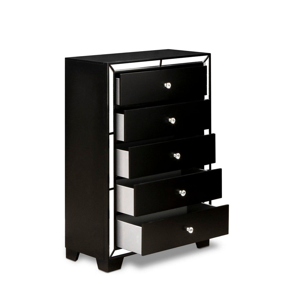 NE11-7V3358 6-Piece Nella Bedroom Ensemble featuring a Button-Tufted Black Queen Bed, Luxurious Dresser, Oversized Mirror, Compact Chest, and 2 Stylish End Tables