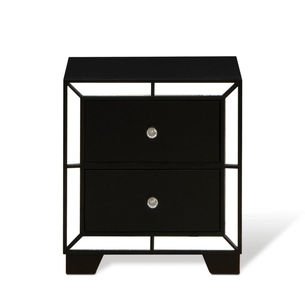 NE11-7V3358 6-Piece Nella Bedroom Ensemble featuring a Button-Tufted Black Queen Bed, Luxurious Dresser, Oversized Mirror, Compact Chest, and 2 Stylish End Tables