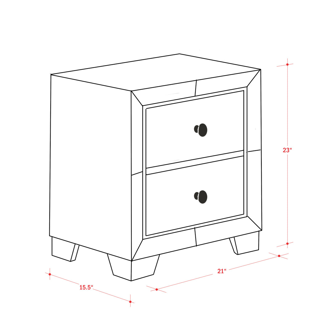 Contemporary Nightstand, Model NEN-1T, with Sleek 2-Drawer Design and Metallic Accents for Stylish Bedrooms