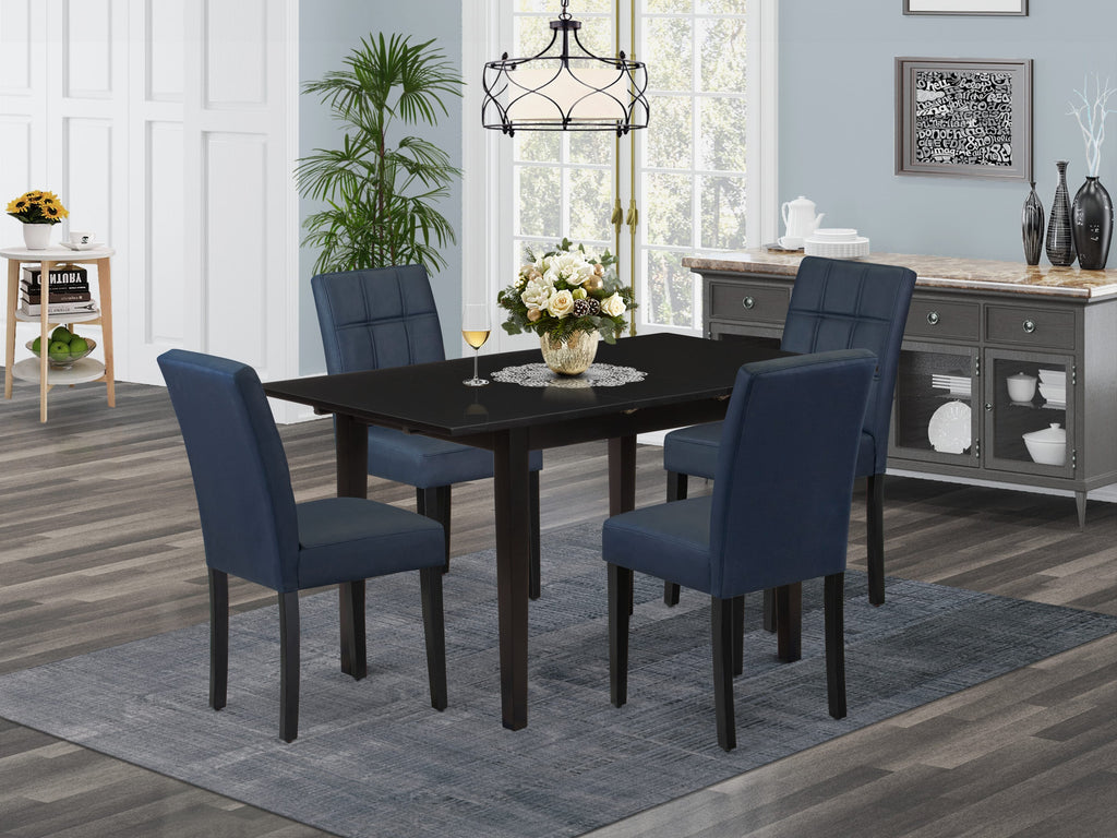 NFAS5-X7E-DN Delightful Dining Set Chic Black Table and 4 Stylish Navy Chairs with Faux Leather Glam