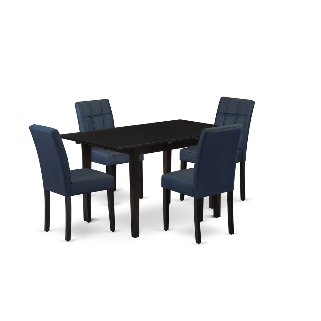 NFAS5-X7E-DN Delightful Dining Set Chic Black Table and 4 Stylish Navy Chairs with Faux Leather Glam